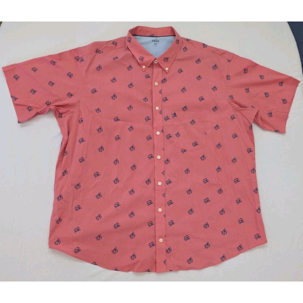 IZOD Button Down Shirt Mens 3XLT Coral Pink Blue Crab Print Good Short Sleeve